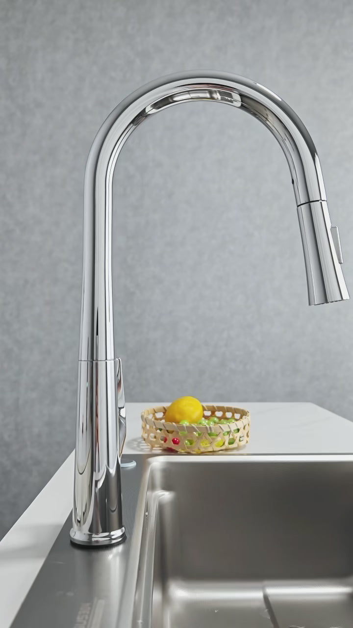 Chrome Pull Down Kitchen Faucet, Single Handle Brass Sink Faucet with Ceramic Cartridge, Single Hole High Arc Kitchen Faucet with Zinc Alloy Handle