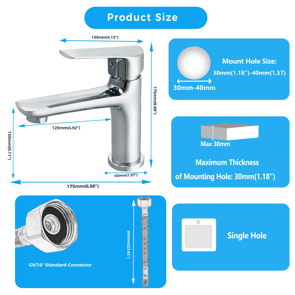 Modern Chrome Bathroom Faucet 1 Hole, Single Hole Bathroom Sink Faucet for Vanity